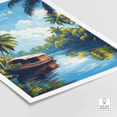 Kerala Wall Art India vibrant travel poster featuring a houseboat on a serene river surrounded by lush greenery.