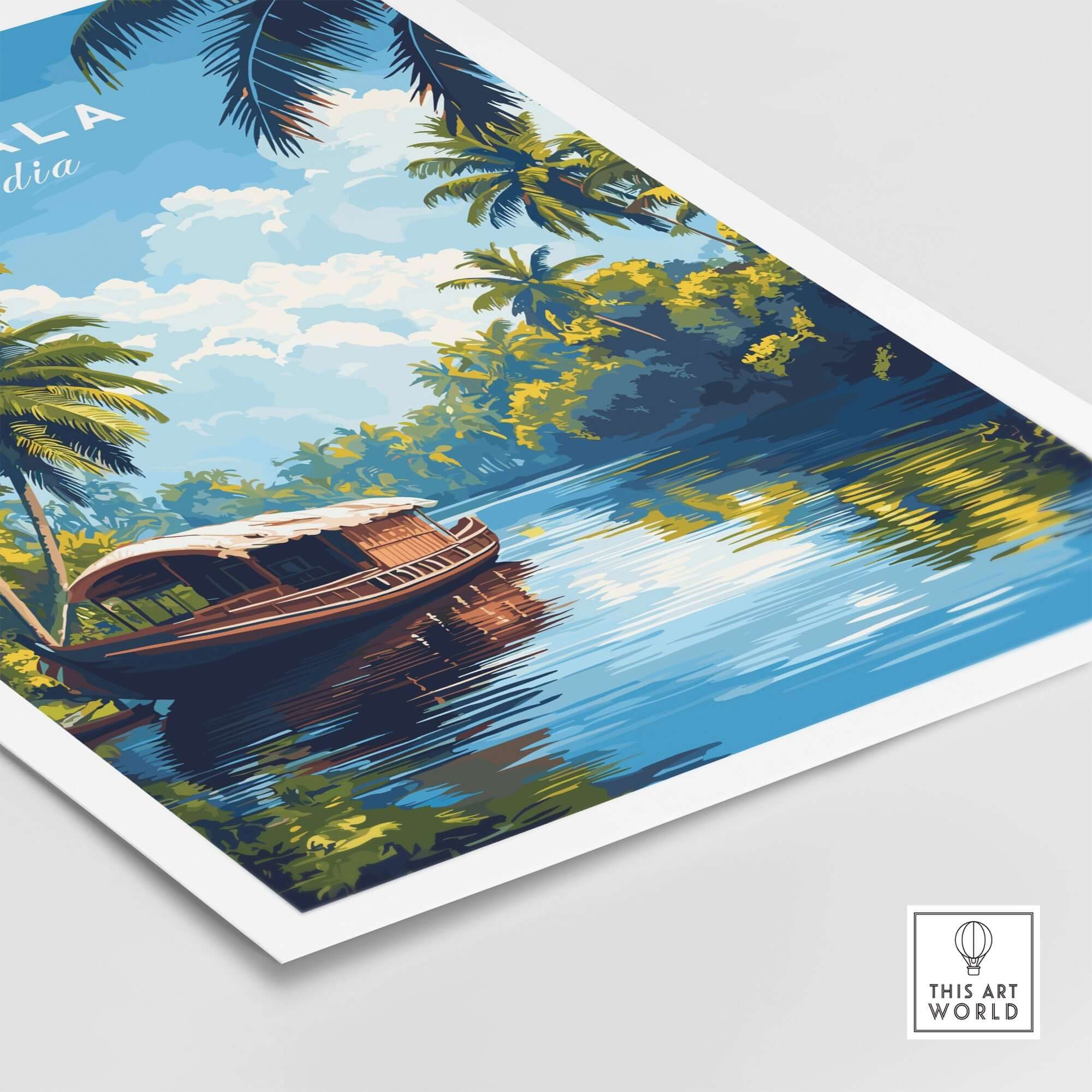 Kerala Wall Art India vibrant travel poster featuring a houseboat on a serene river surrounded by lush greenery.