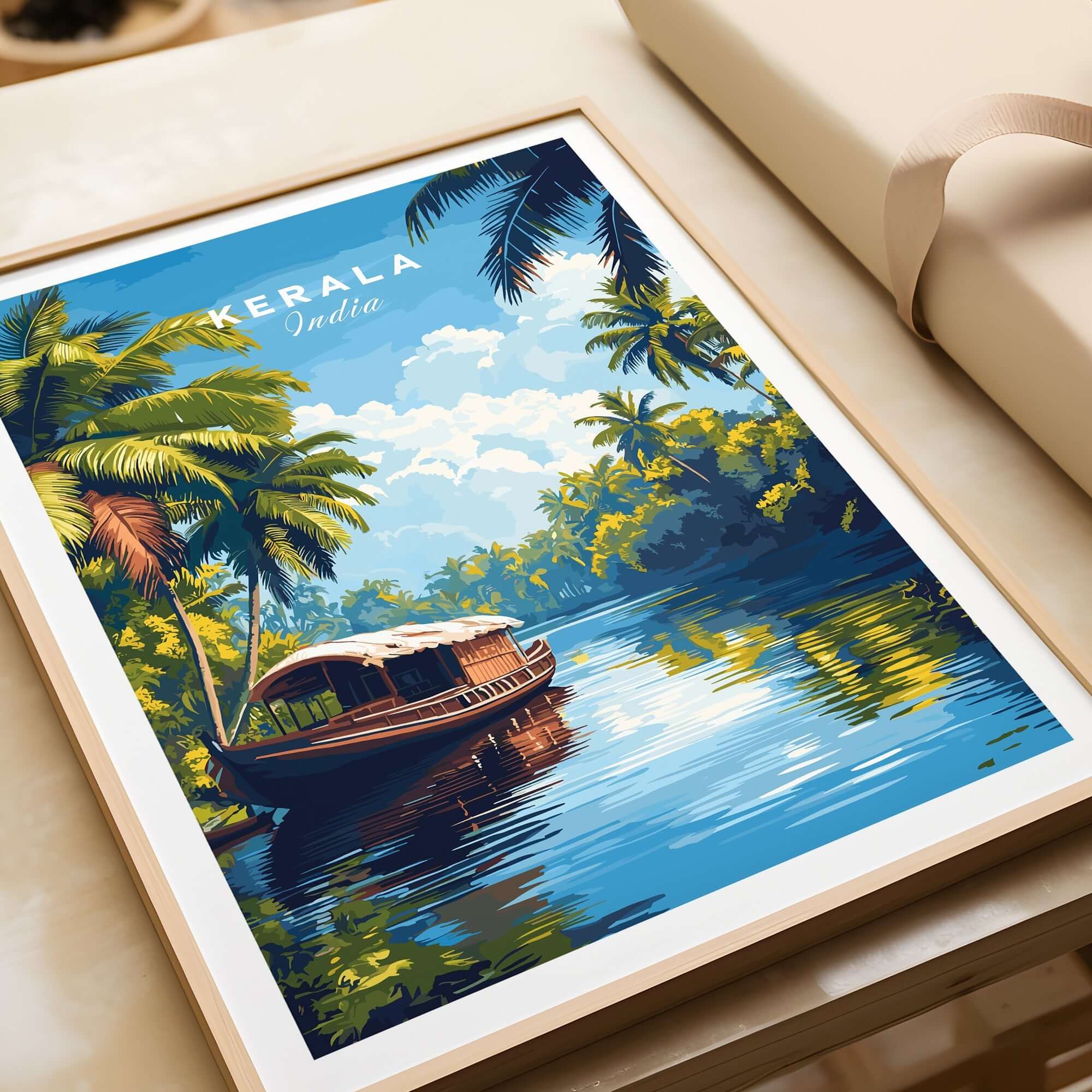 Kerala Wall Art India vibrant travel poster featuring serene backwaters and traditional boat in lush greenery.