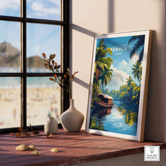 Kerala Wall Art India framed print featuring a lush landscape with a boat and palm trees, perfect for global style decoration.