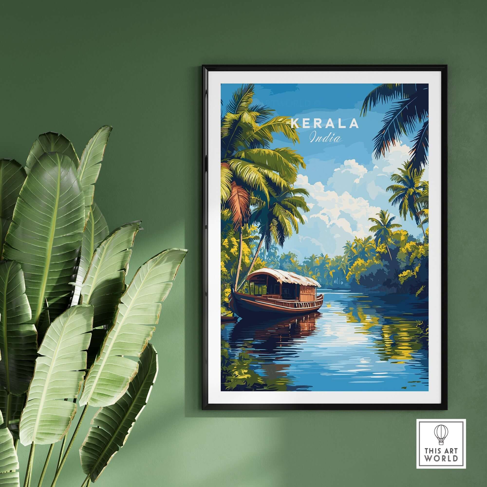 Kerala Wall Art India featuring a beautiful travel poster of Kerala with a boat and lush greenery.