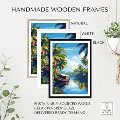 Kerala Wall Art India displayed in handmade wooden frames: natural, white, and black options.