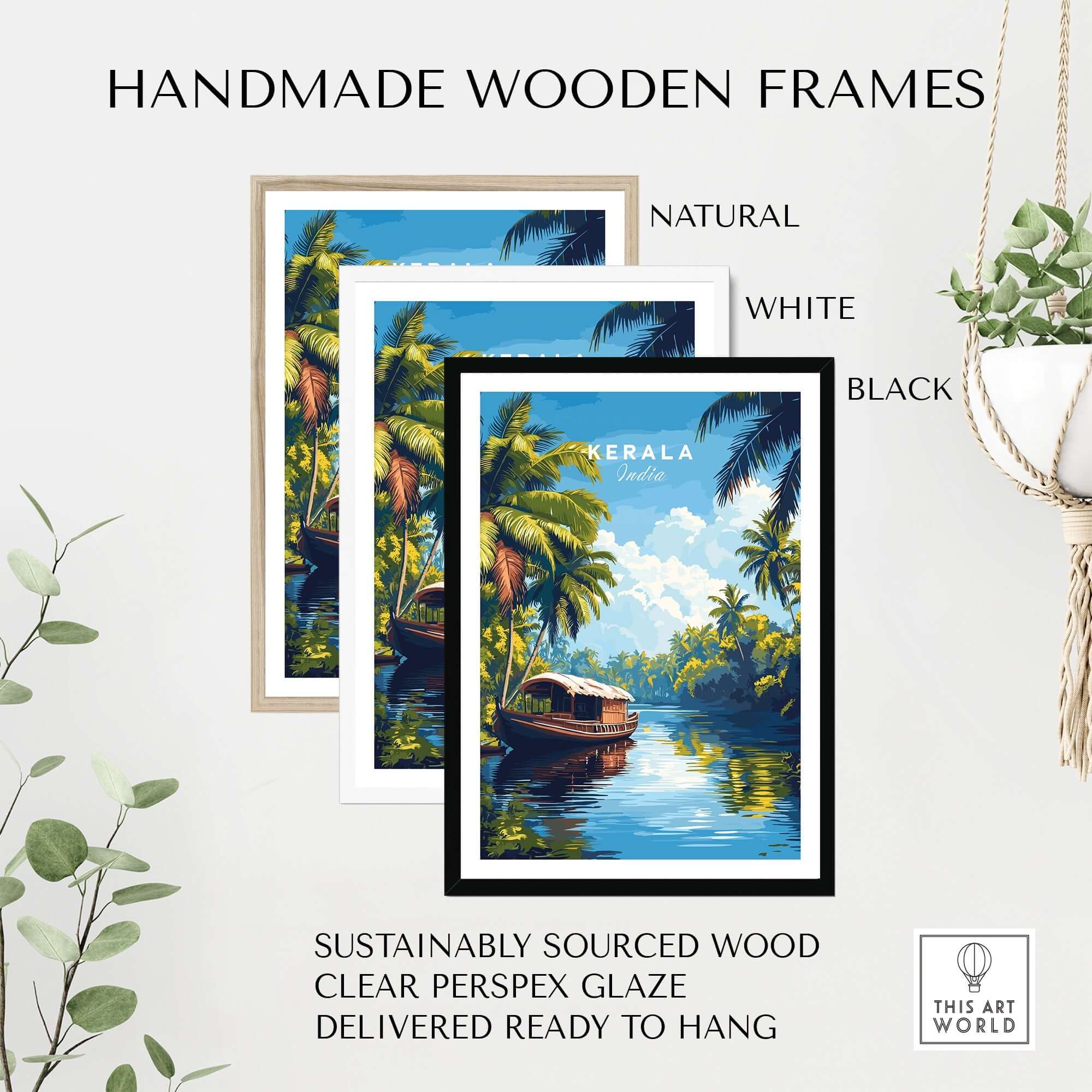 Kerala Wall Art India displayed in handmade wooden frames: natural, white, and black options.