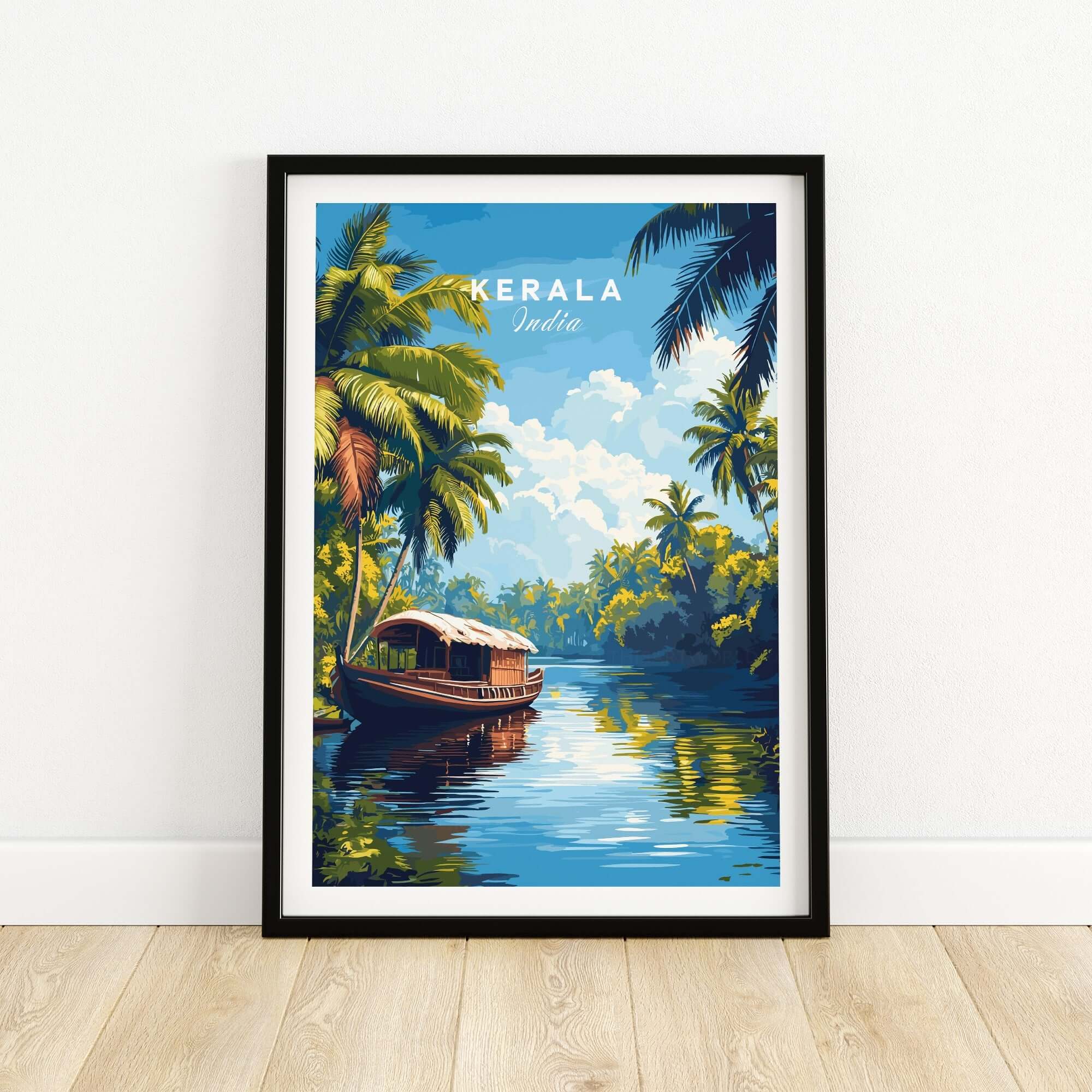 Kerala Wall Art India depicting a scenic boat on a serene river surrounded by lush greenery and palm trees.