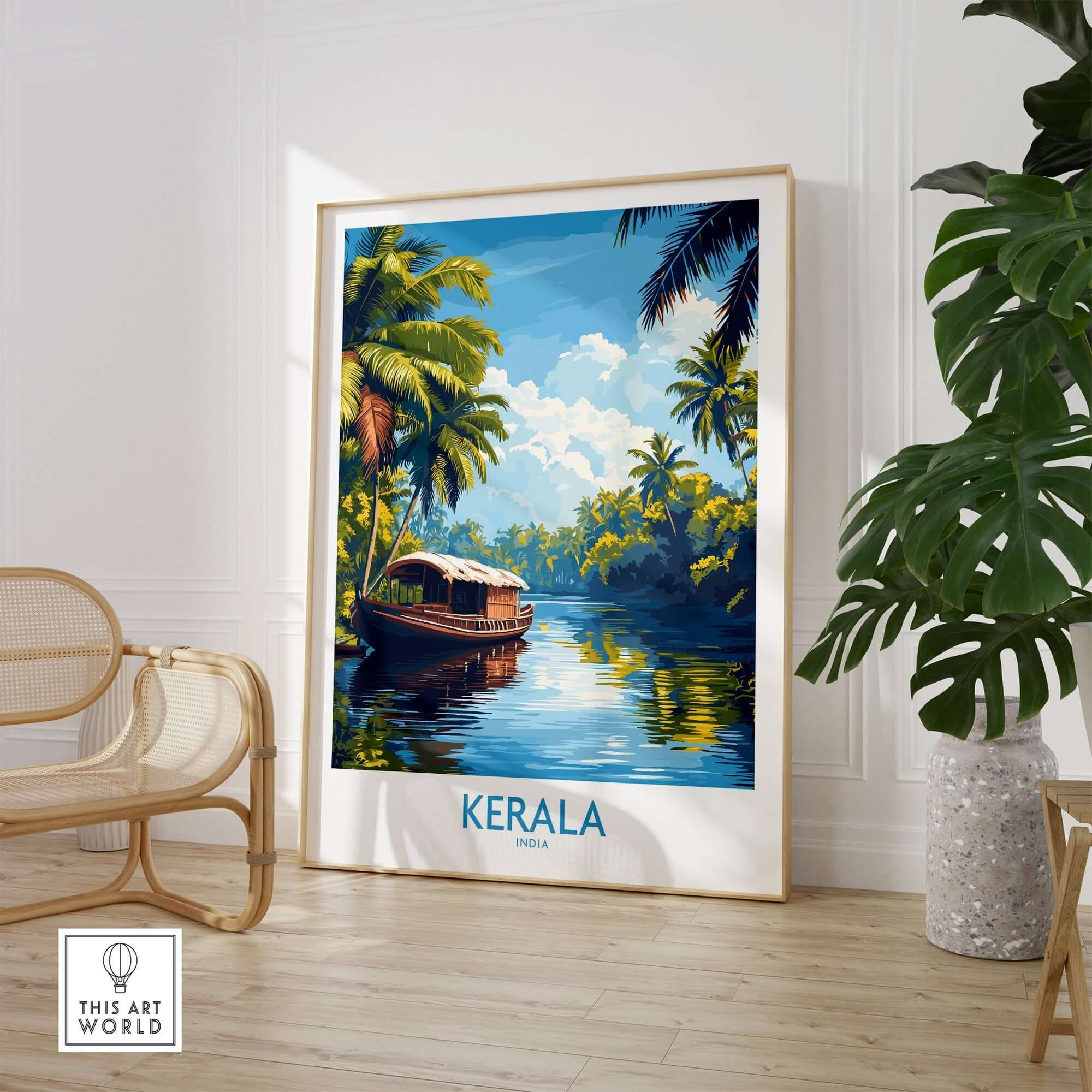 Kerala Wall Art Print India showcasing a scenic boat view surrounded by palm trees and a tranquil river.