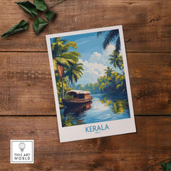 Kerala Wall Art Print India showcasing a serene river scene with a traditional boat among lush greenery.