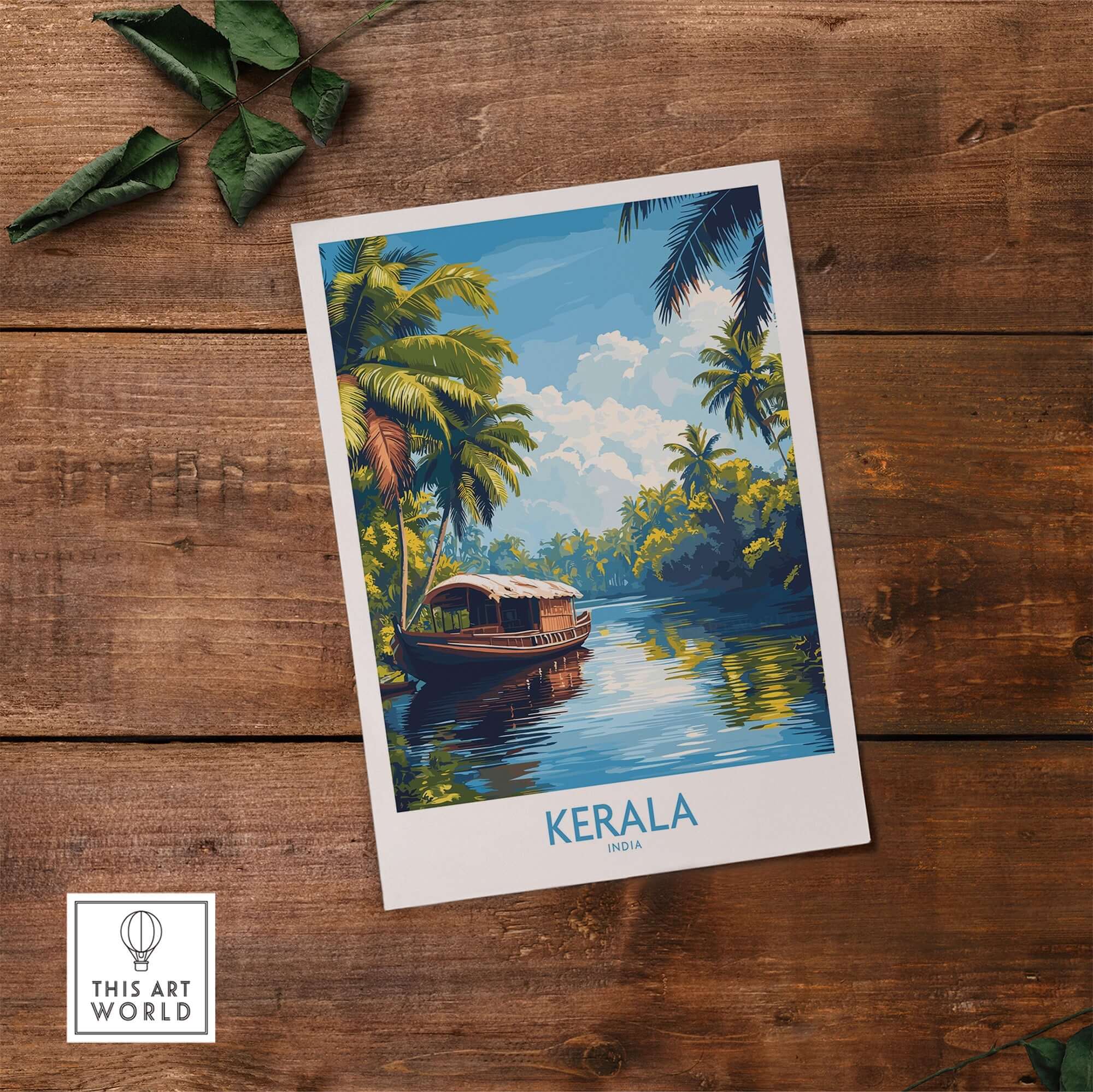 Kerala Wall Art Print India showcasing a serene river scene with a traditional boat among lush greenery.