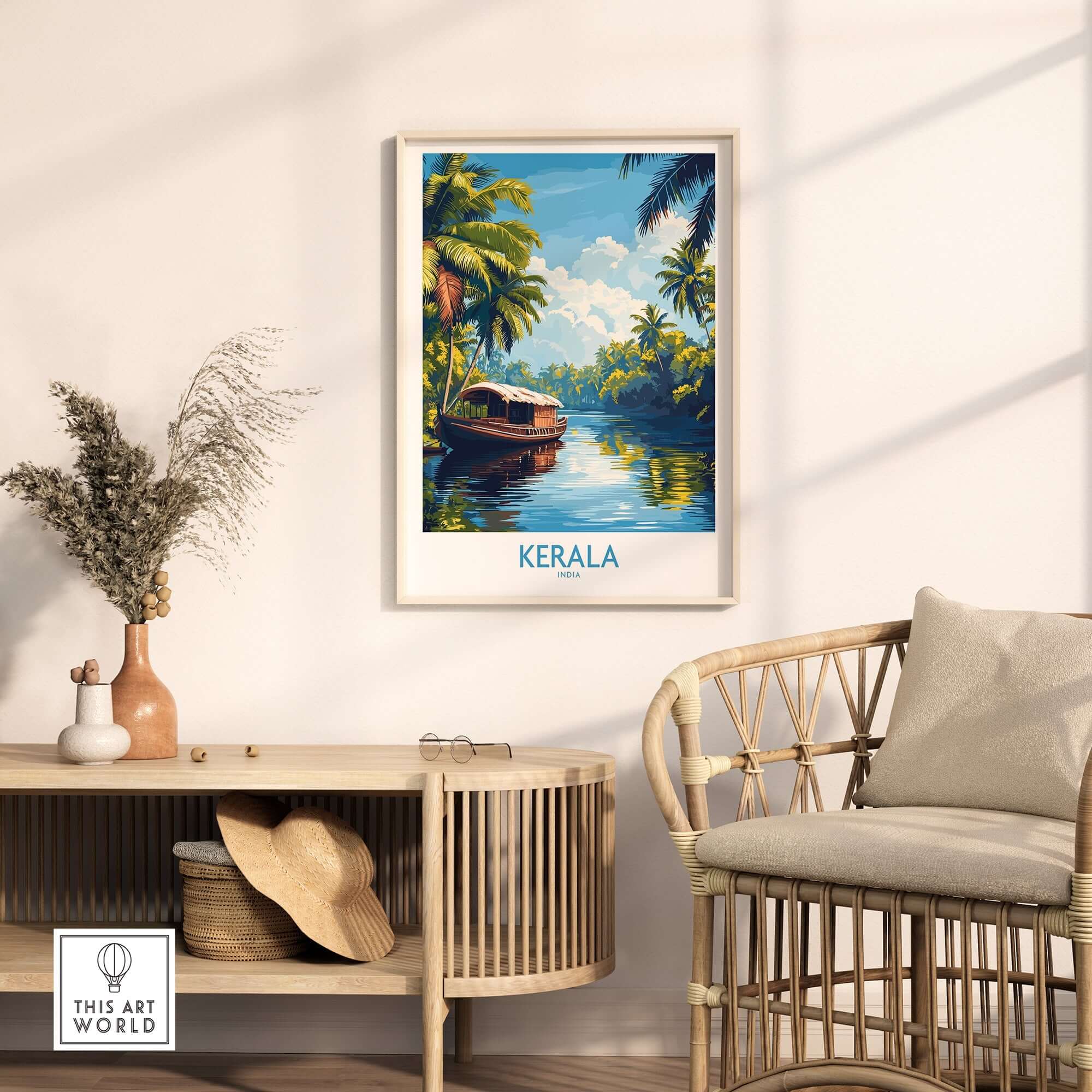 Kerala Wall Art Print India displayed in a stylish room featuring a framed print with lush greenery and a serene water view.