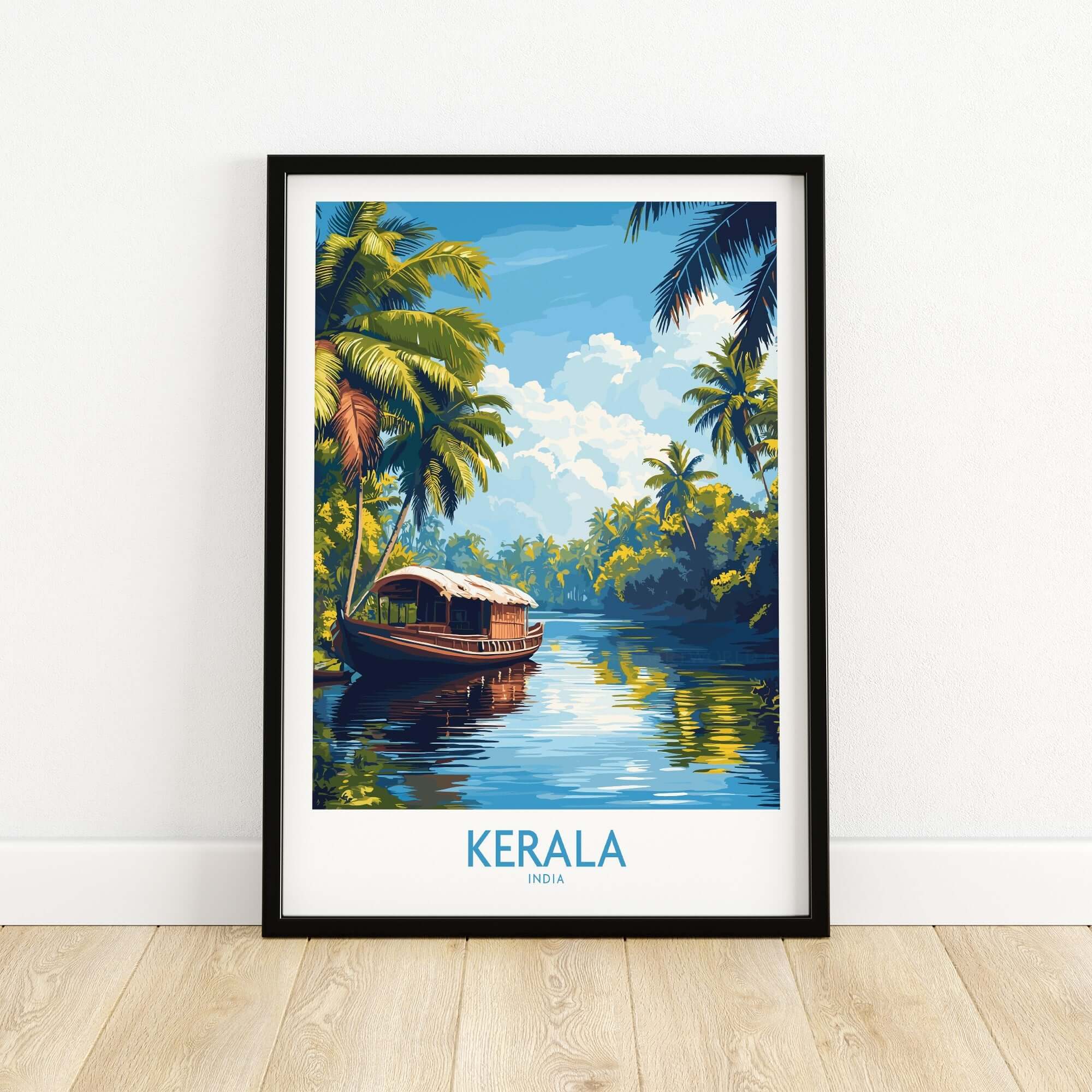 Kerala Wall Art Print India showcasing a traditional boat amidst lush greenery and serene waters.
