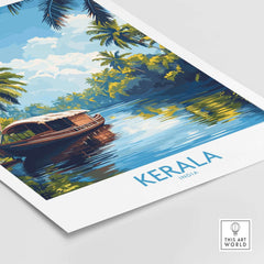Kerala Wall Art Print India showcasing a serene boat on a tranquil river with lush greenery, perfect for home decor.