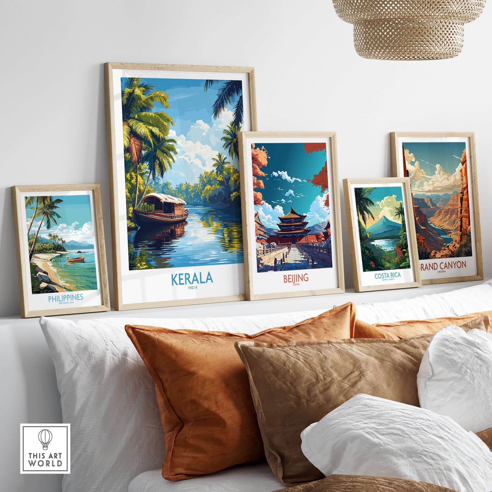 Kerala Wall Art Print India displayed among travel posters including Philippines, Beijing, and Costa Rica.