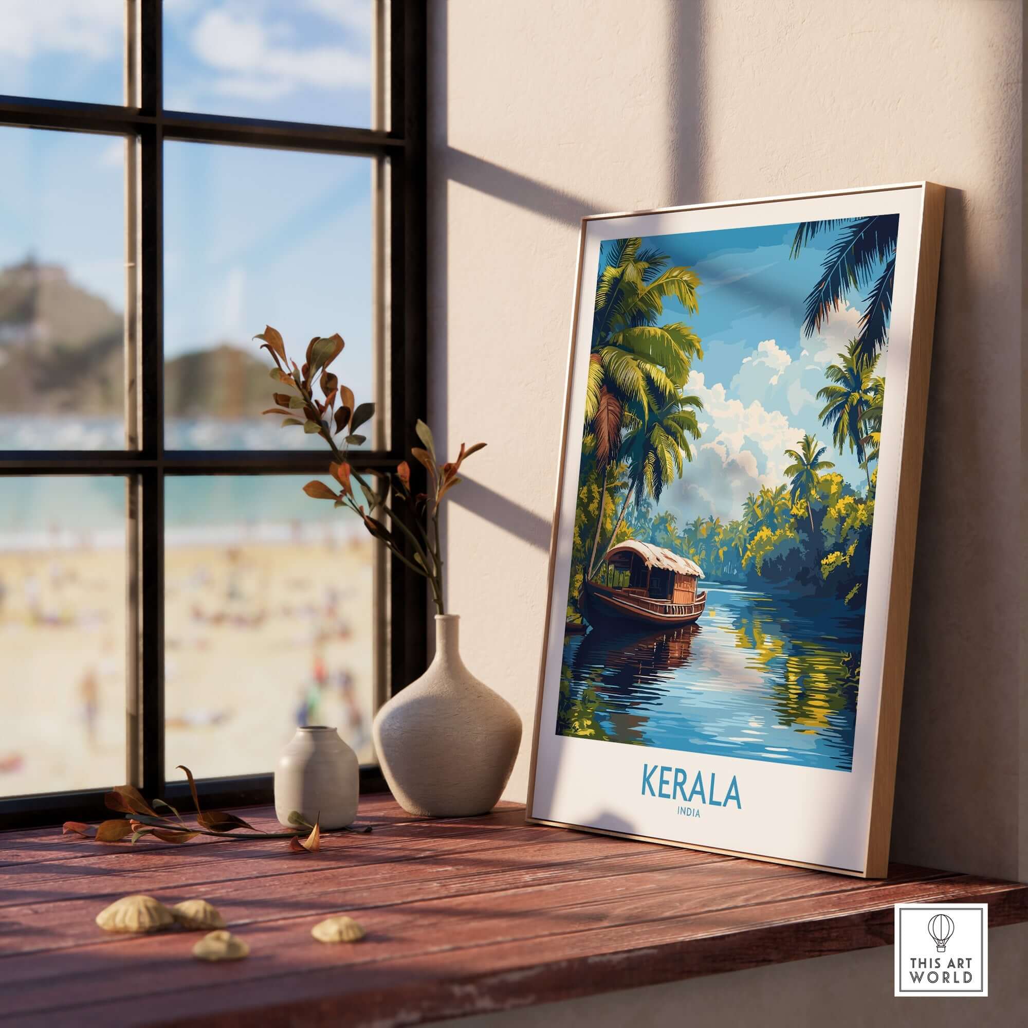 Kerala Wall Art Print India displayed on a windowsill, capturing vibrant tropical scenery and a serene boat.