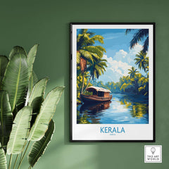 Kerala Wall Art Print India showcasing a scenic boat scene with vibrant colors and lush greenery.
