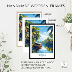 Kerala Wall Art Print India in handmade wooden frames showcasing vibrant colors and tropical scenery.