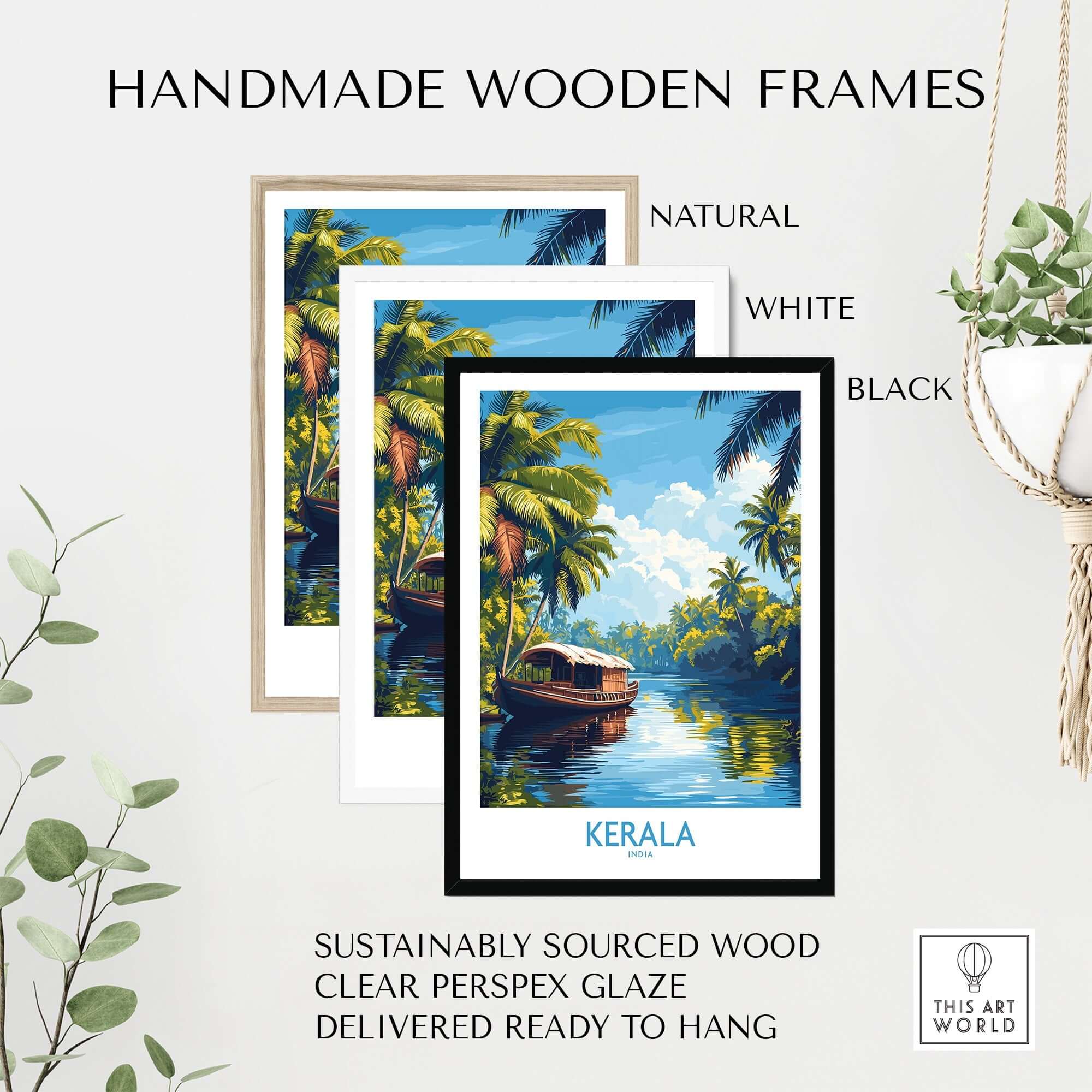 Kerala Wall Art Print India in handmade wooden frames showcasing vibrant colors and tropical scenery.
