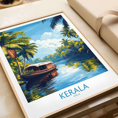 Kerala Wall Art Print India showcasing a serene landscape with a boat on the river, surrounded by lush greenery.