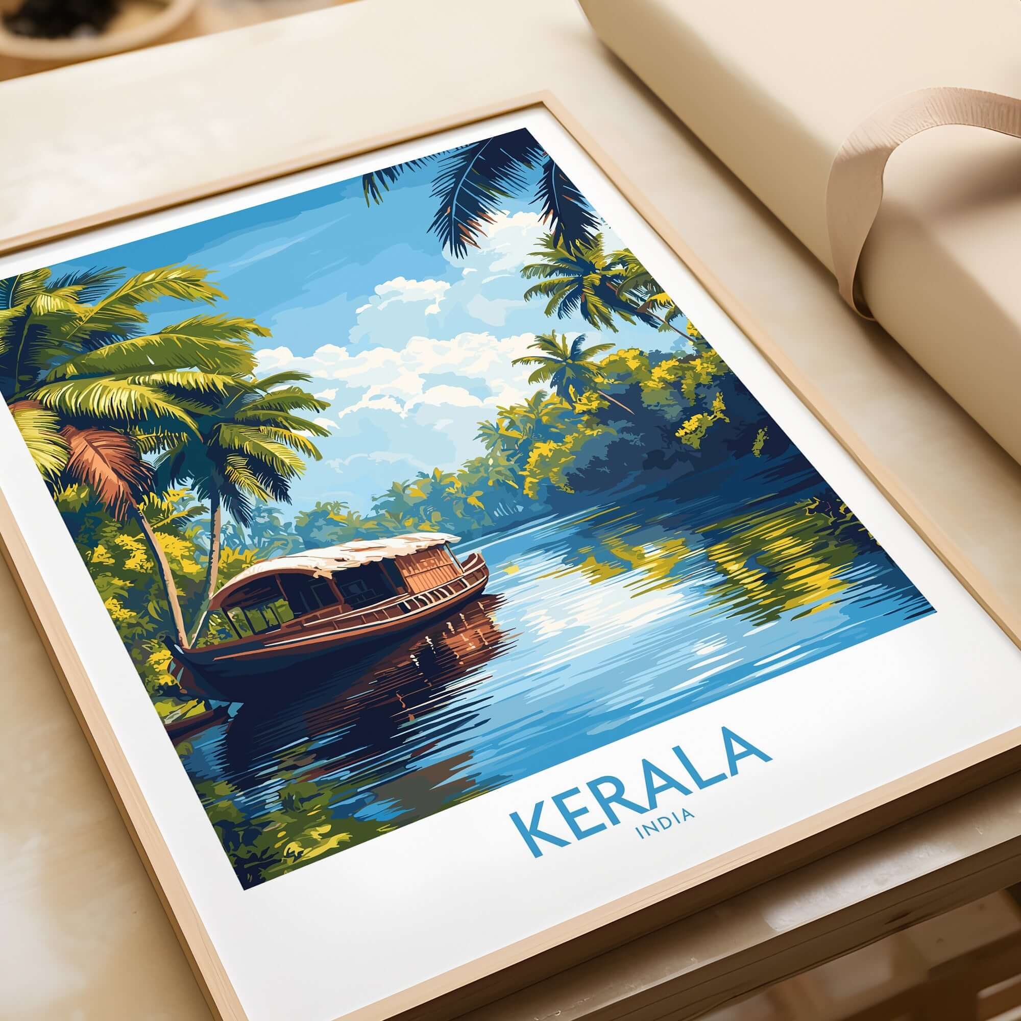 Kerala Wall Art Print India showcasing a serene landscape with a boat on the river, surrounded by lush greenery.