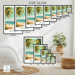 Key West Travel Print size guide showcasing various frame sizes for displaying beach wall art.