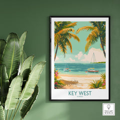 Key West Travel Print featuring a beautiful beach scene with boats and palm trees, perfect for beach lovers.