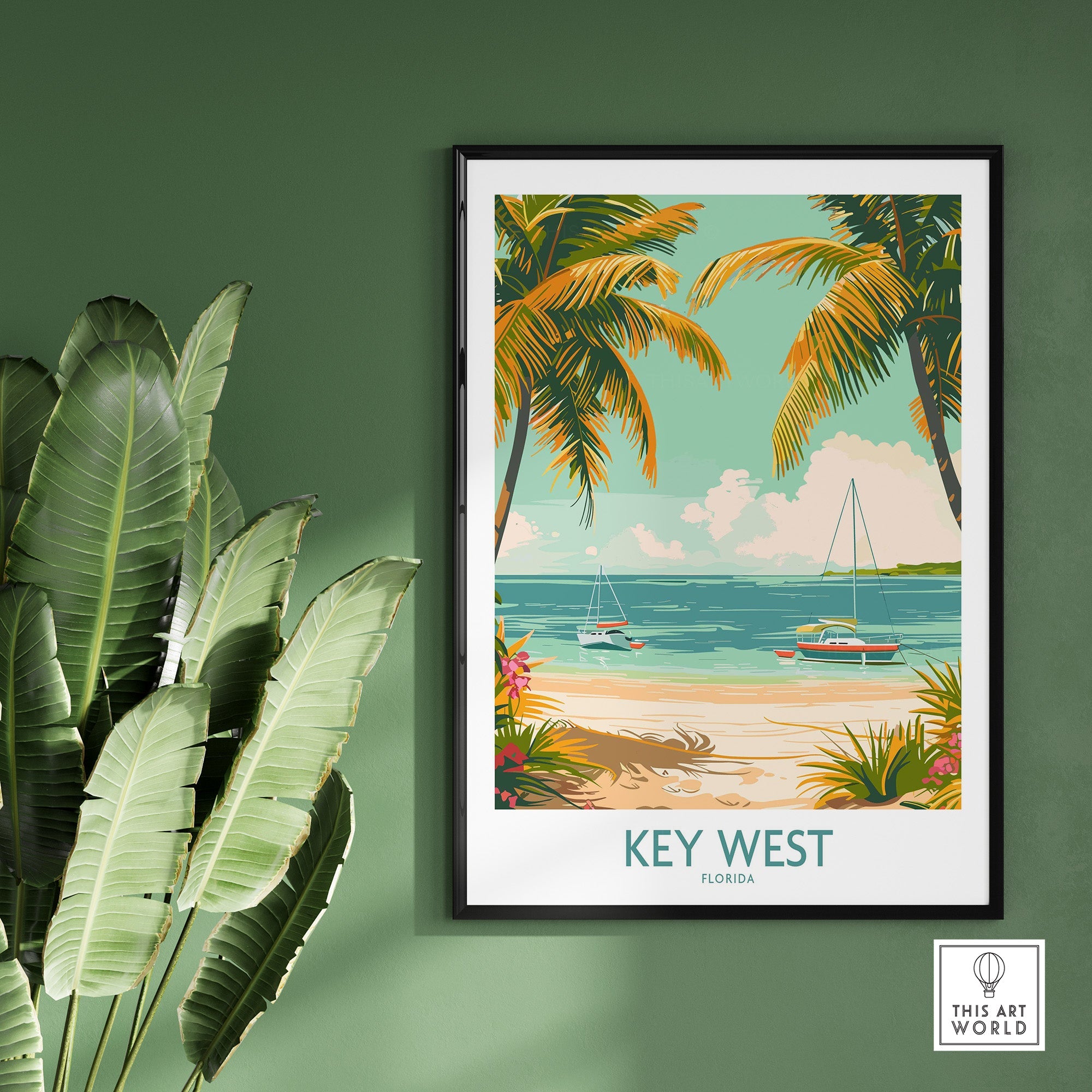 Key West Travel Print featuring a beautiful beach scene with boats and palm trees, perfect for beach lovers.