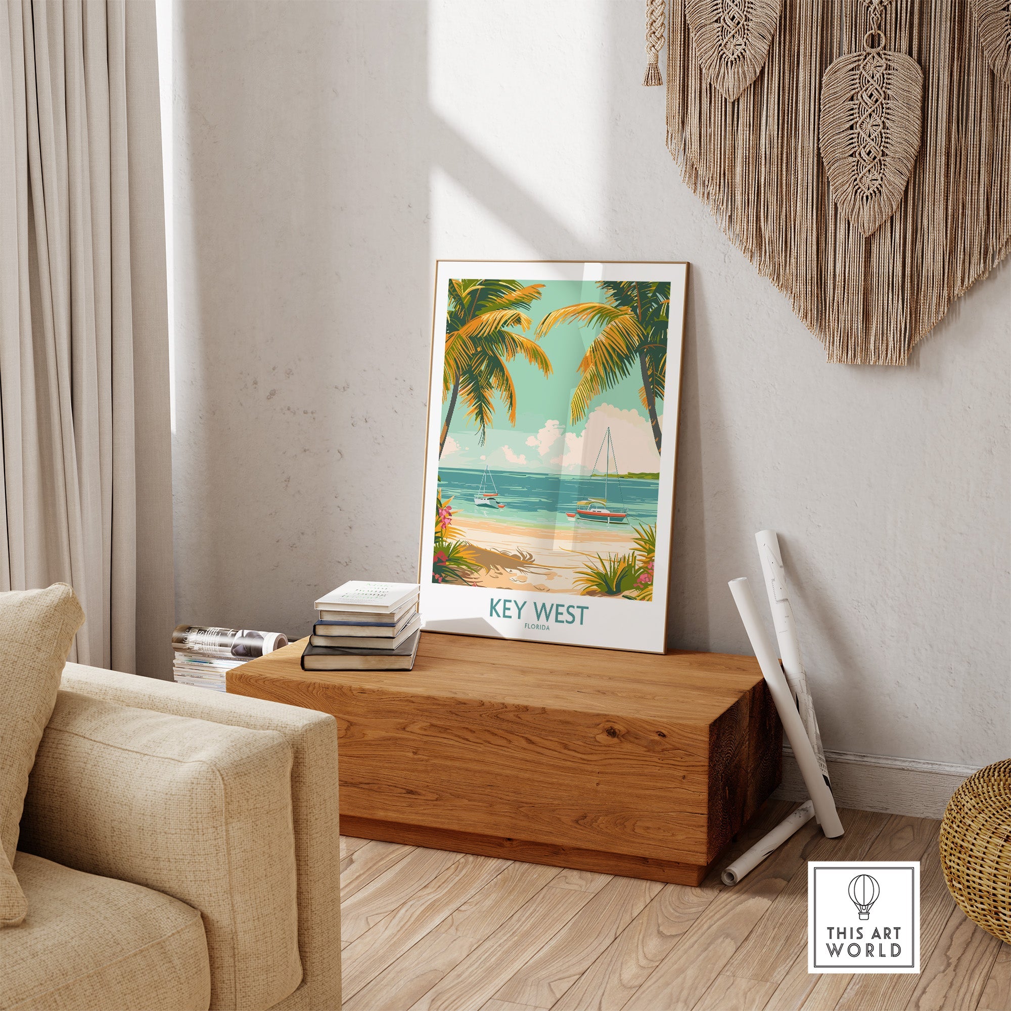 Key West Travel Print featuring palm trees and sailboats on a beach, ideal for home or office decor.