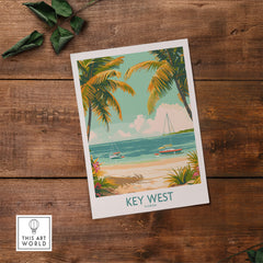 Key West Travel Print featuring tropical beach scene with palm trees, sailboats, and vibrant colors, perfect for beach lovers.