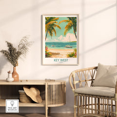 Key West Travel Print featuring tropical beach scene with palm trees and boats in vibrant colors, perfect for home decor.