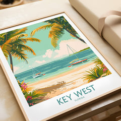 Key West Travel Print featuring a vibrant beach scene with palm trees and boats, perfect for Florida wall art.