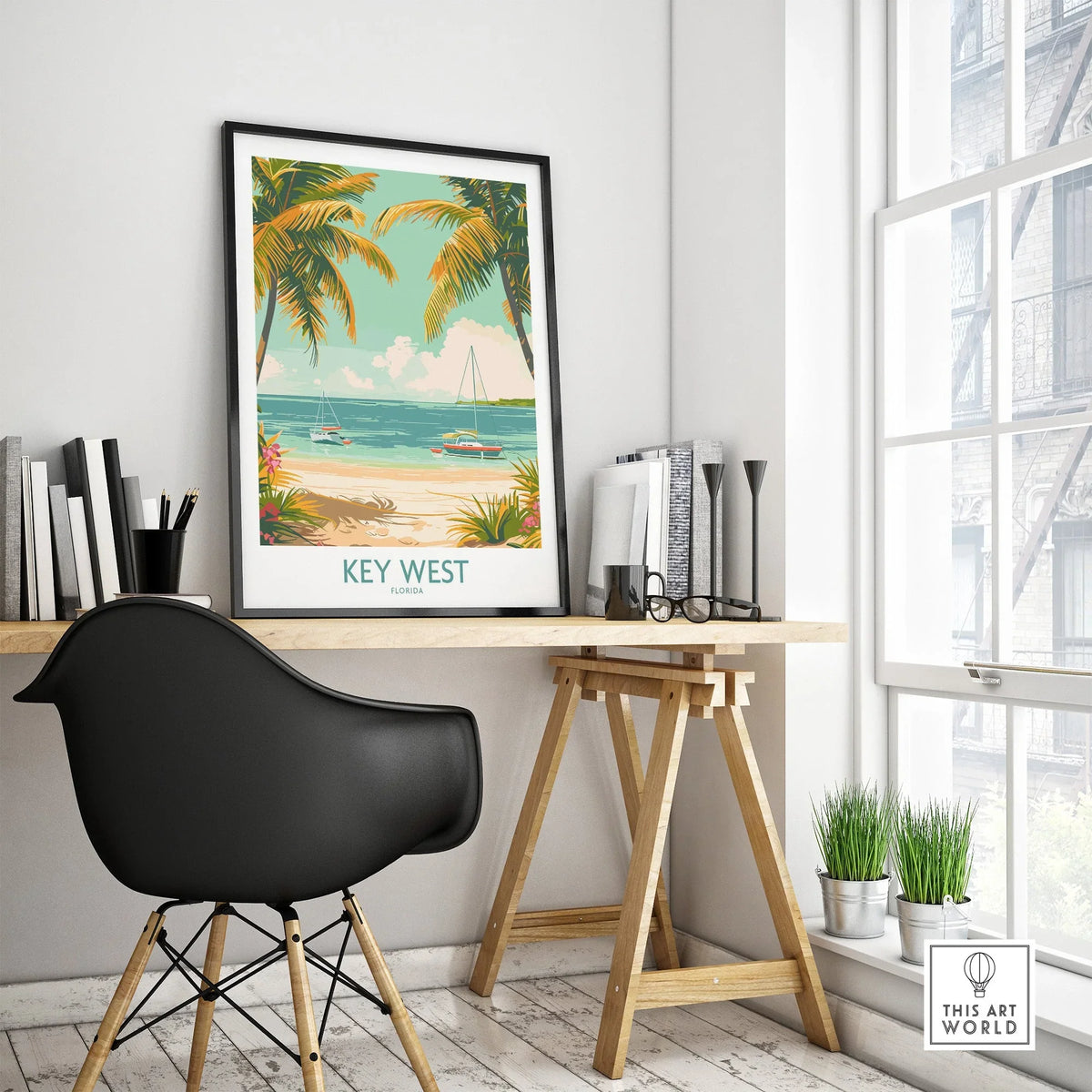 Key West Travel Print featuring palm trees and beach scene, ideal for home or office decor.