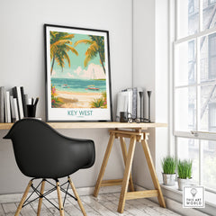 Key West Travel Print featuring palm trees and beach scene, ideal for home or office decor.