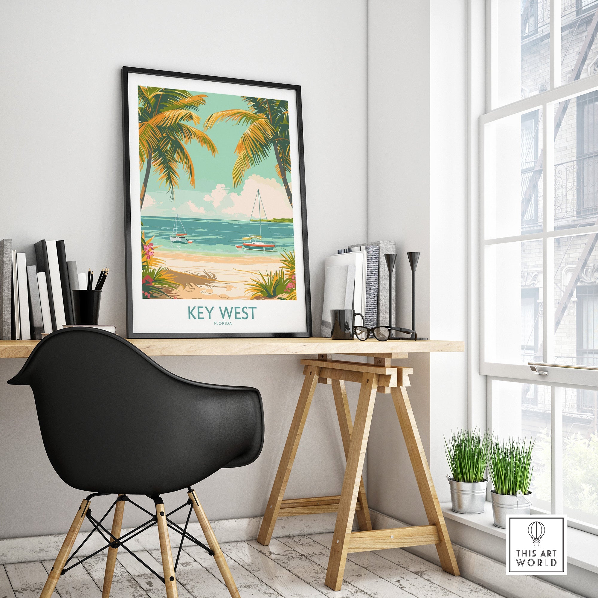 Key West Travel Print featuring palm trees and beach scene, ideal for home or office decor.