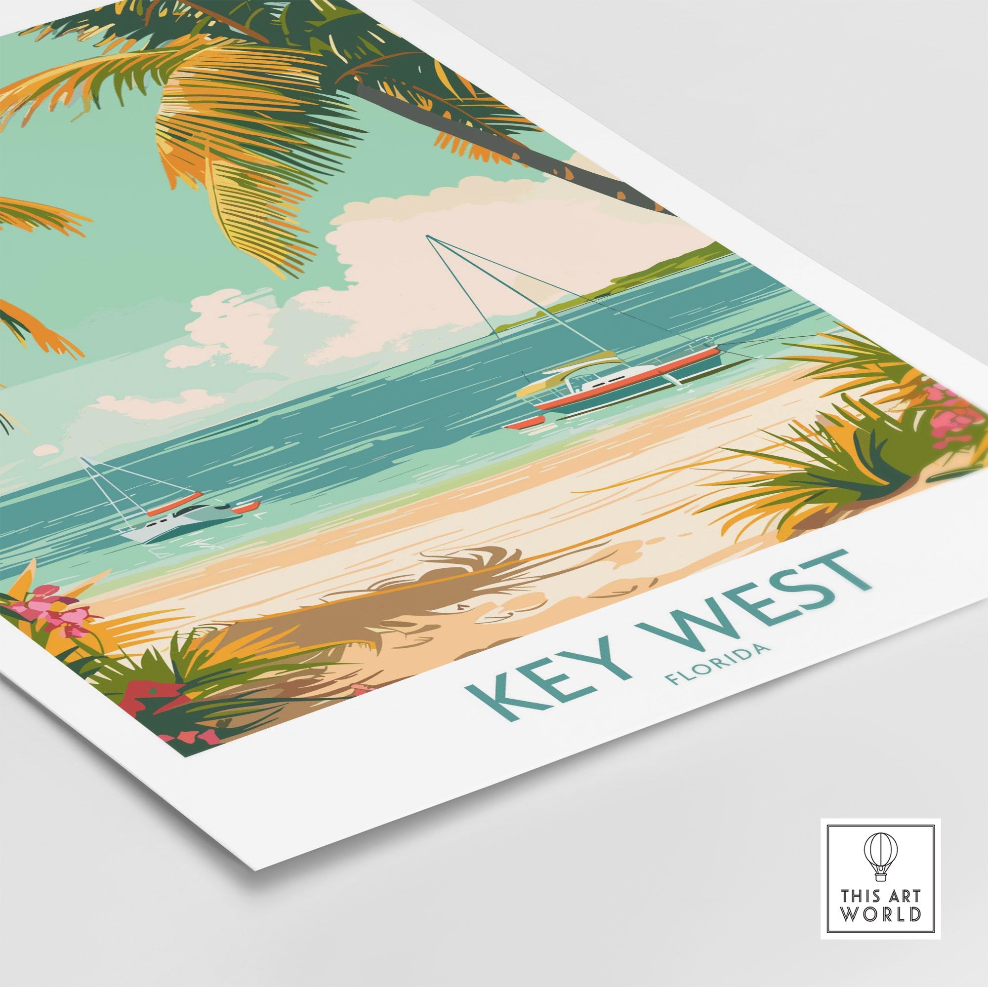 Key West Travel Print featuring vibrant beach scene and palm trees in Florida.