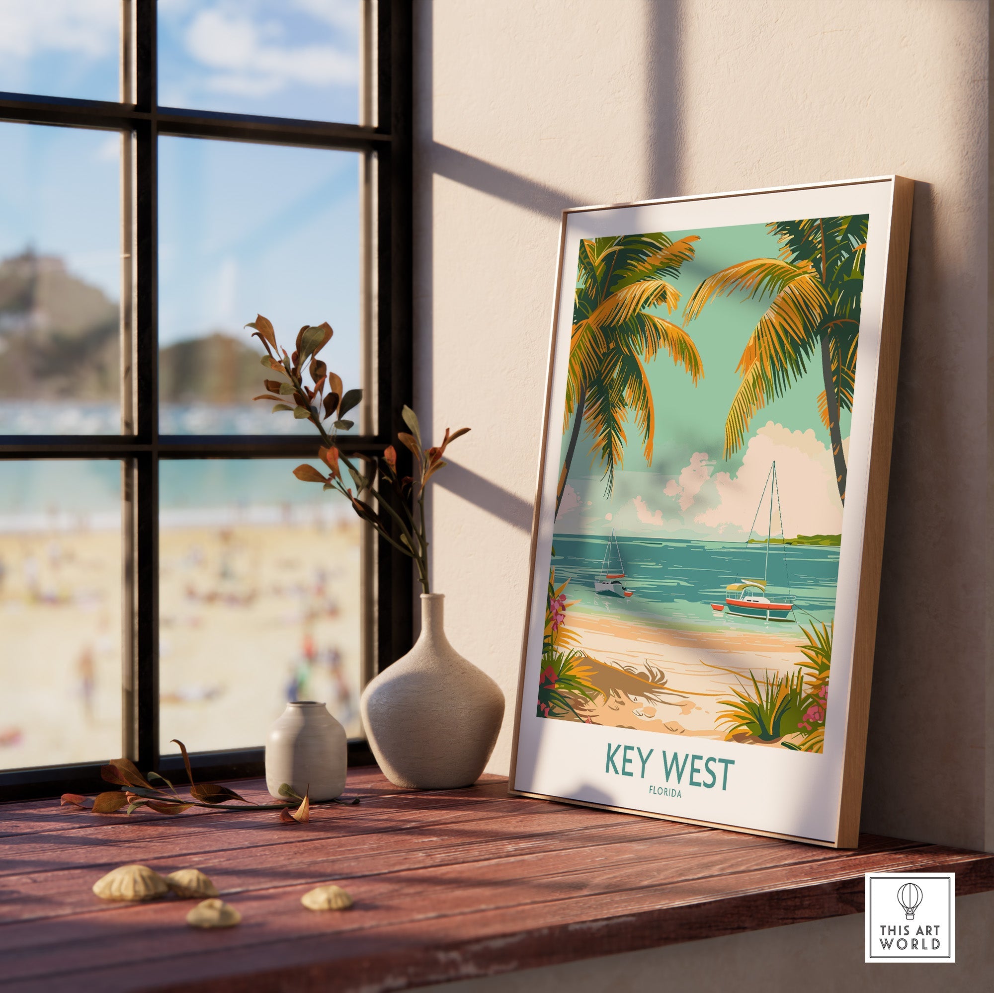 Key West Travel Print showcasing vibrant beach scene with palm trees and boats, perfect for home decor.