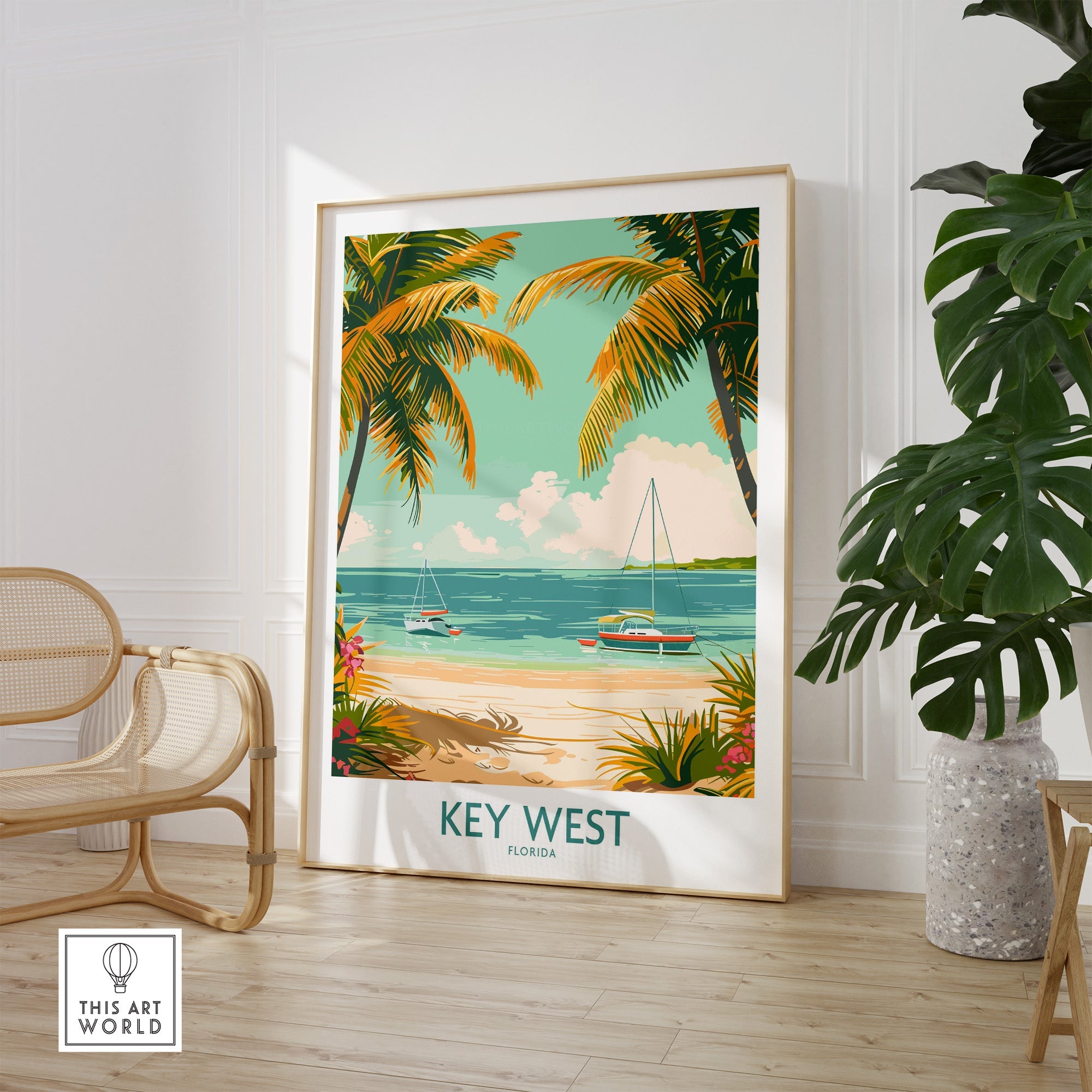 Key West Travel Print featuring beautiful beaches, palm trees, and sailboats in Florida.