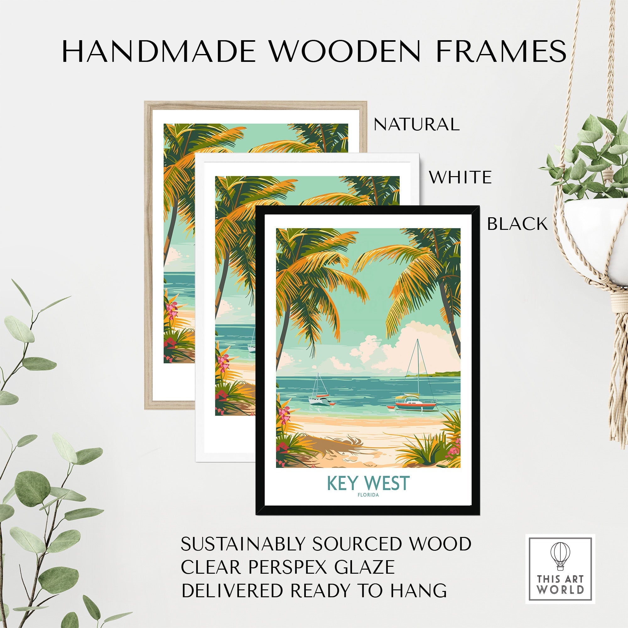 Key West Travel Print displayed in handmade wooden frames of natural, white and black colors.