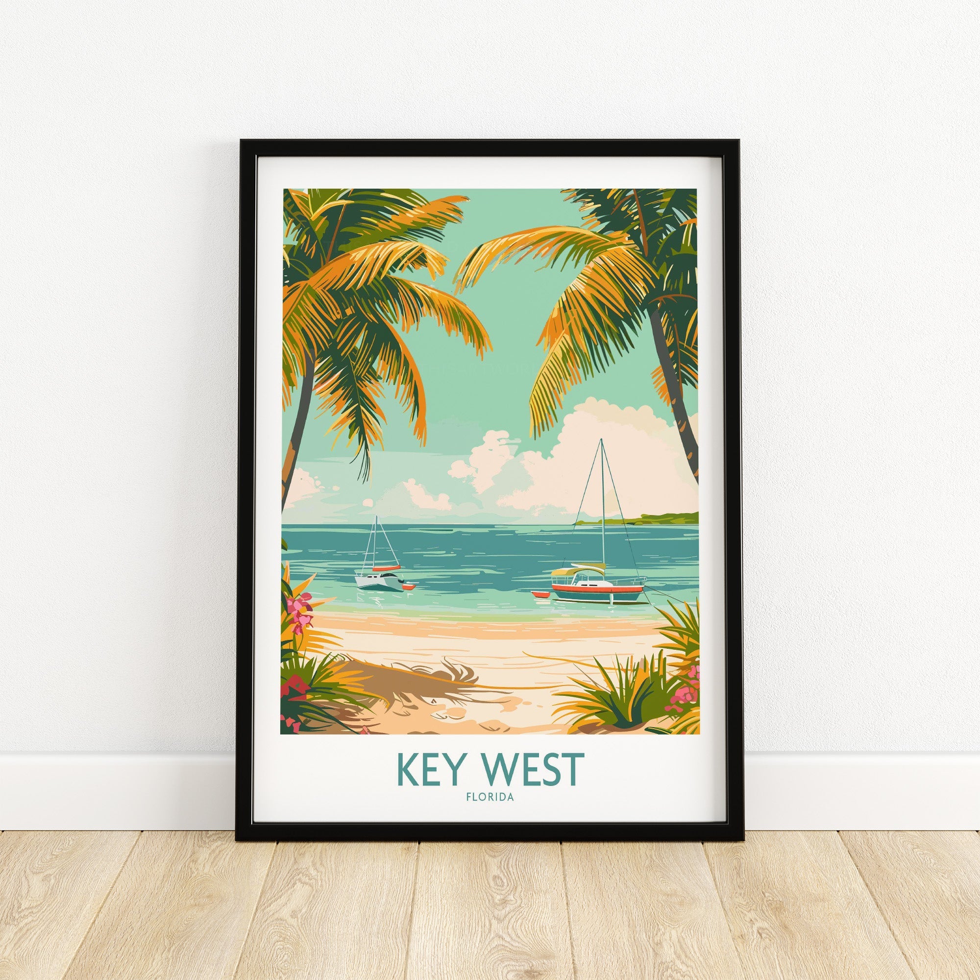 Key West Travel Print featuring palm trees, boats, and a beach scene, showcasing the beauty of Florida.
