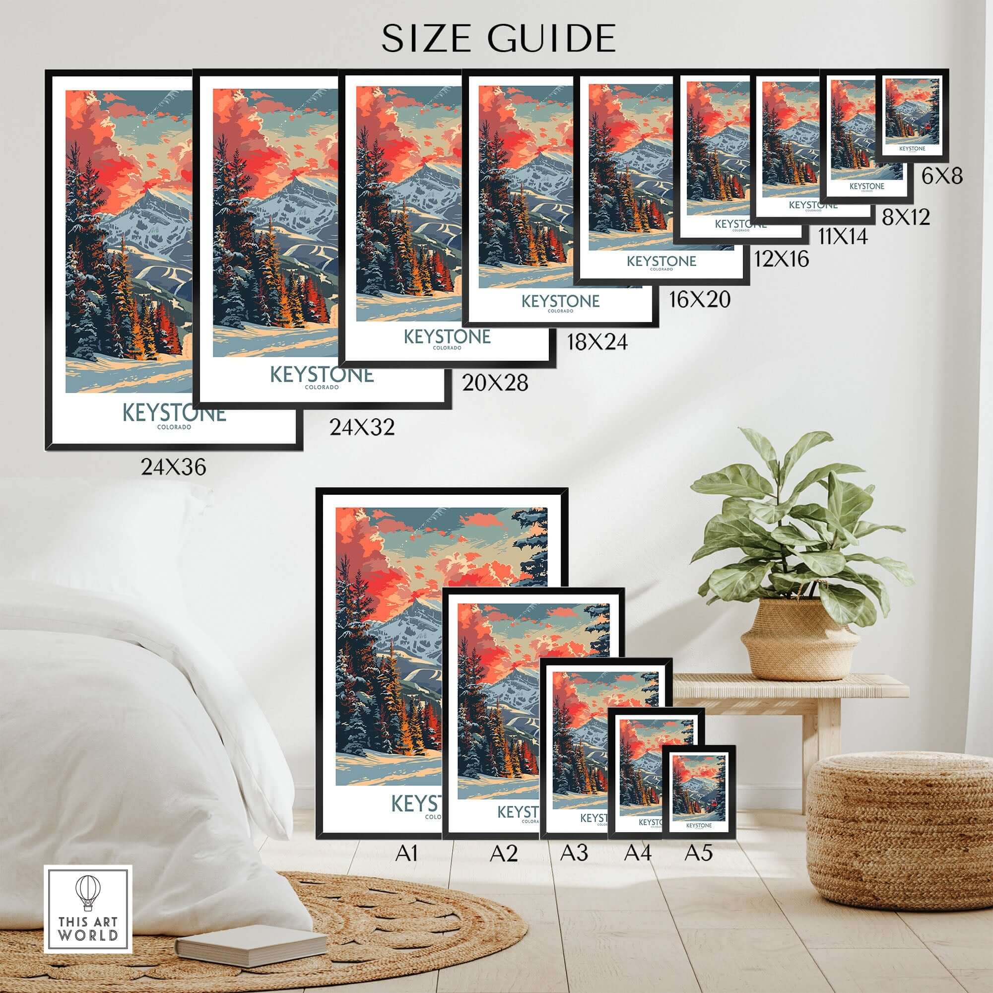 Keystone Poster Colorado Size Guide with Various Dimensions Displayed in Room Decor Setting