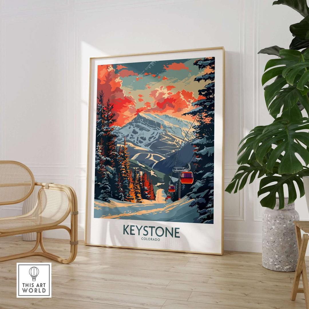 Artistic Keystone Colorado poster in modern room, featuring vibrant mountain and ski lift scene with warm tones.