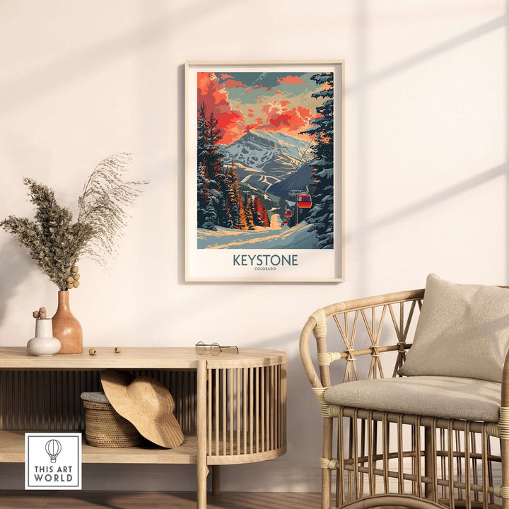 Vintage-style Keystone Colorado poster in living room setting with natural decor and rattan chair.