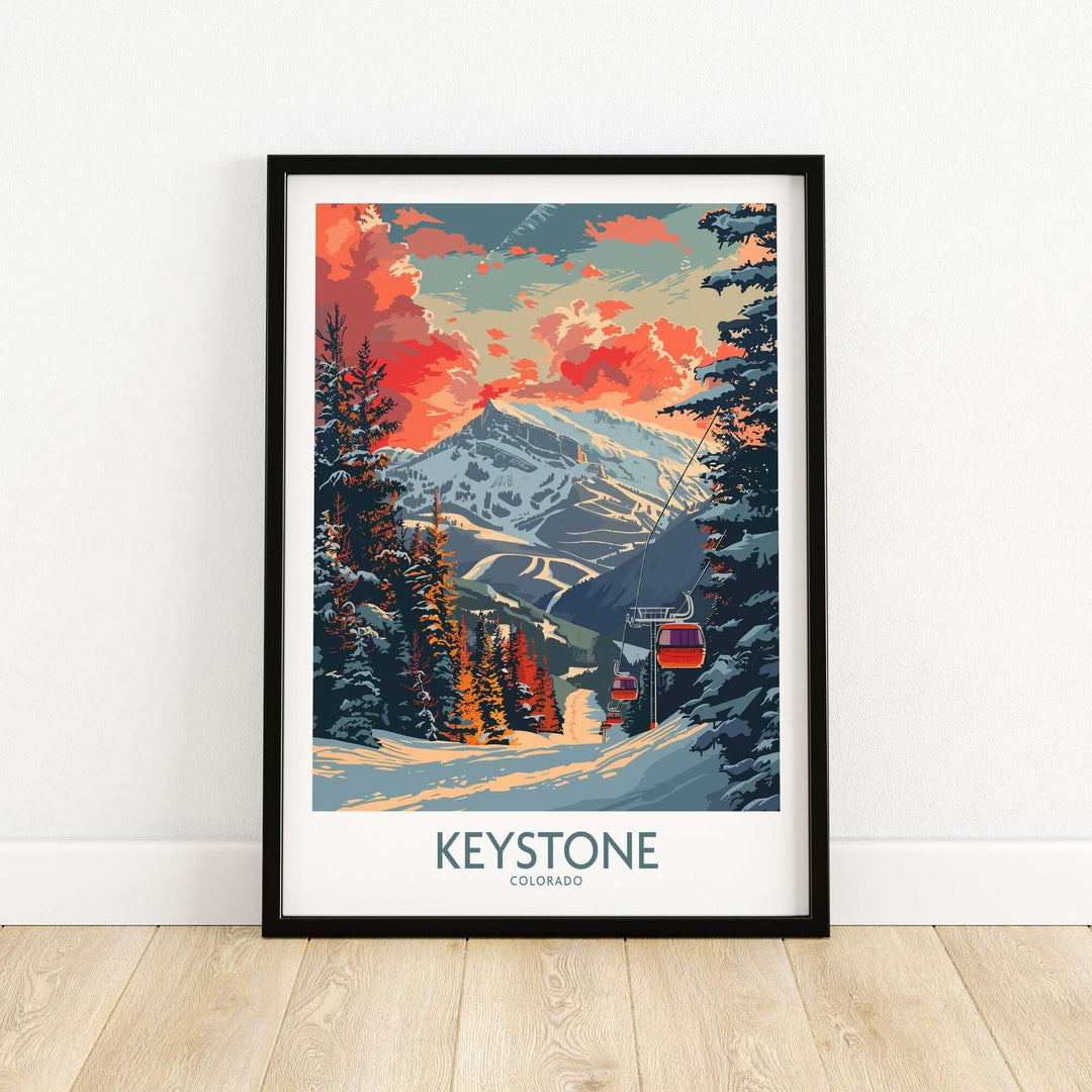 Framed Keystone Colorado poster featuring a snowy mountain scene with a sunset sky and trees.