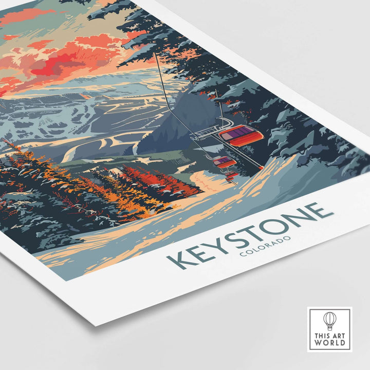 Keystone Colorado poster with vibrant sunset and ski lift, showcasing scenic mountain landscape in artistic style.