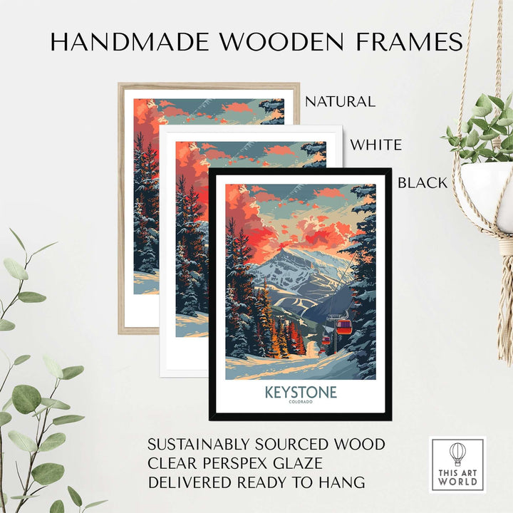 Handmade wooden framed Keystone Colorado poster with natural, white, and black frame options, featuring sustainably sourced wood.