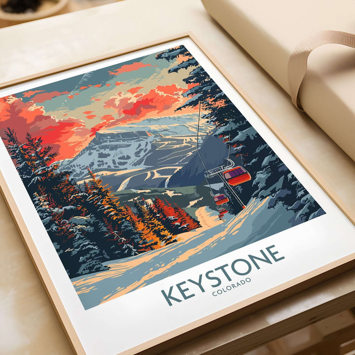 Keystone Colorado poster featuring a scenic snowy mountain landscape with a ski lift at sunset, perfect for winter sports enthusiasts.