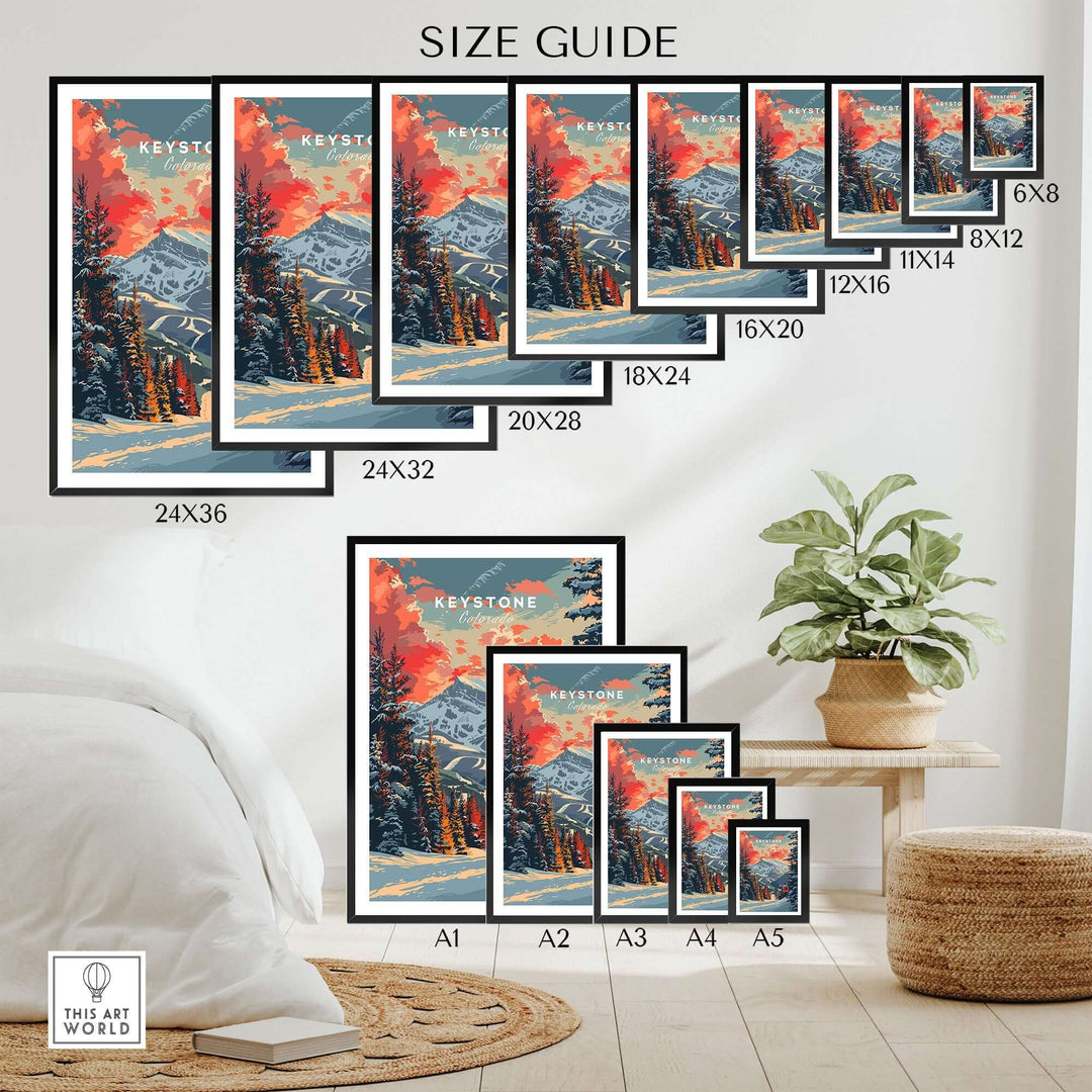 Keystone Print Colorado size guide showcasing various poster dimensions in a room setting with vibrant mountain artwork