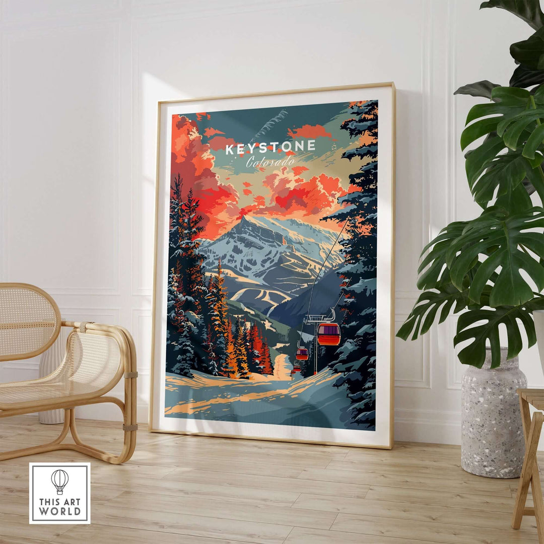 Keystone Colorado print depicting a snowy mountain scene with vibrant skies, framed in a modern room setting.