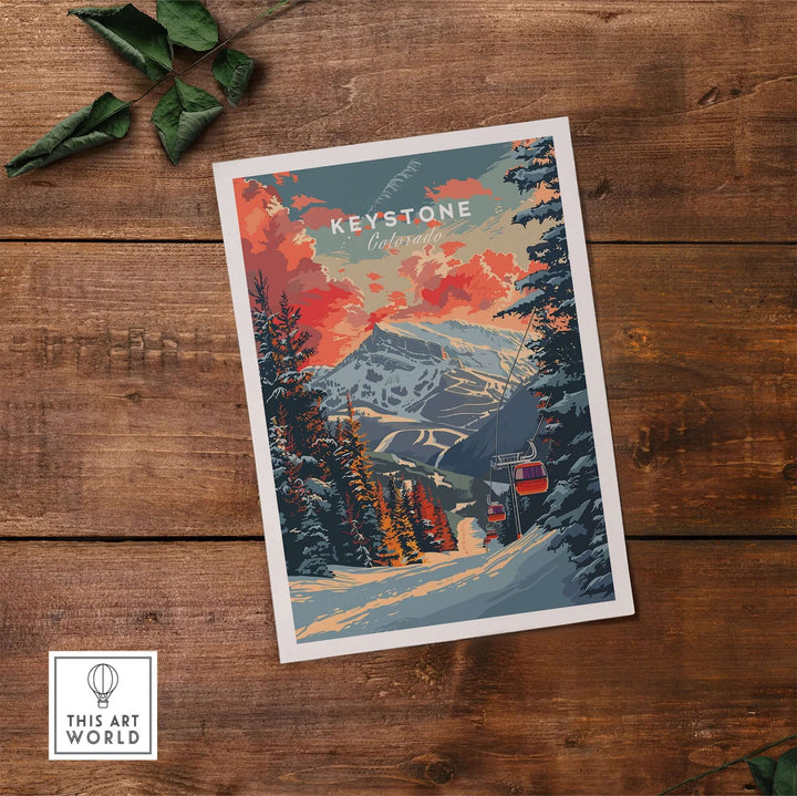 Keystone Colorado poster on wooden background with mountain and ski lift illustration.