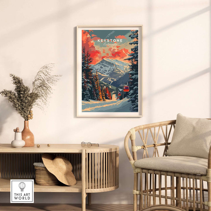 Framed Keystone Colorado ski resort print on wall in cozy living room with rustic decor.