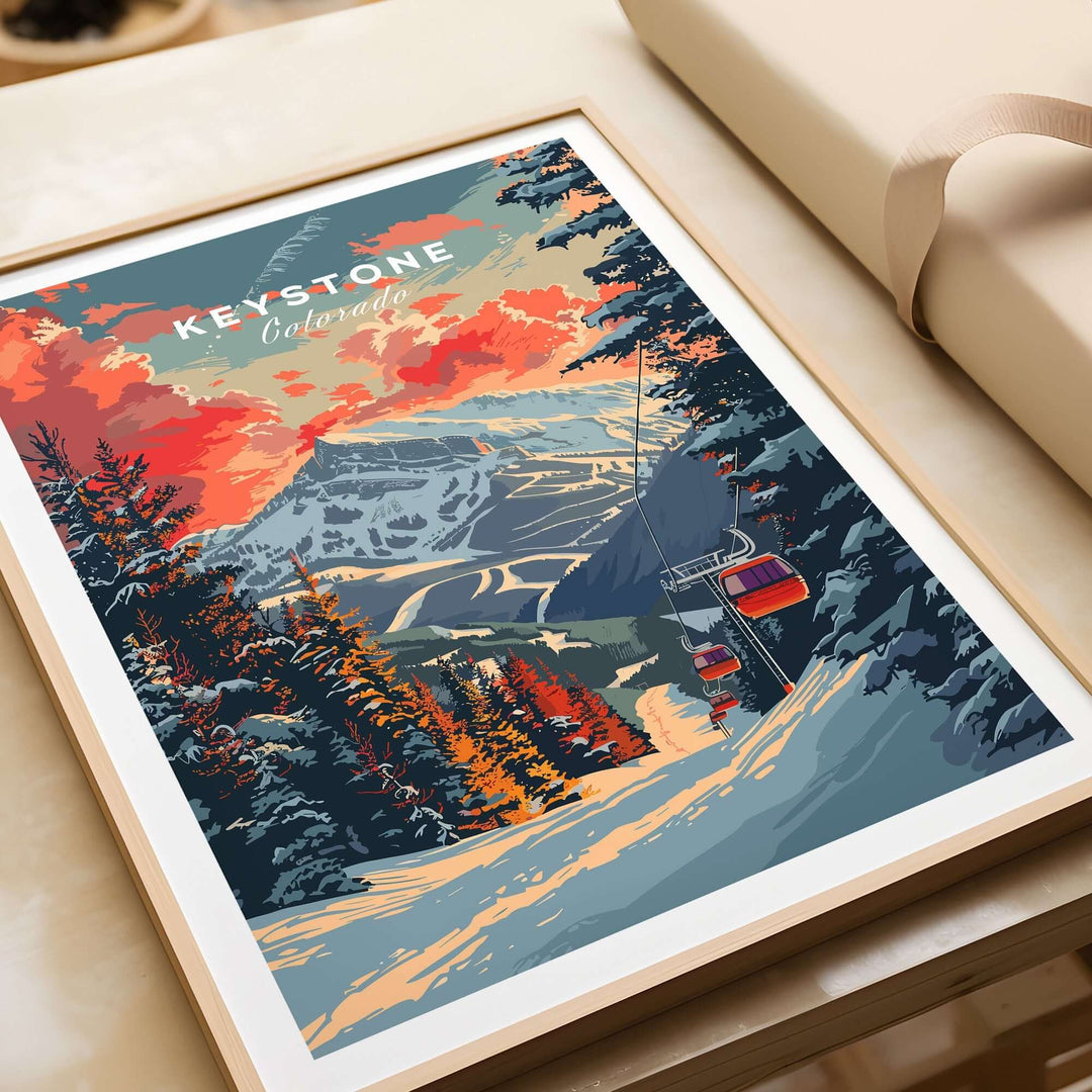 Keystone Print Colorado art featuring a ski lift and mountain landscape with vibrant sunset colors in a wooden frame