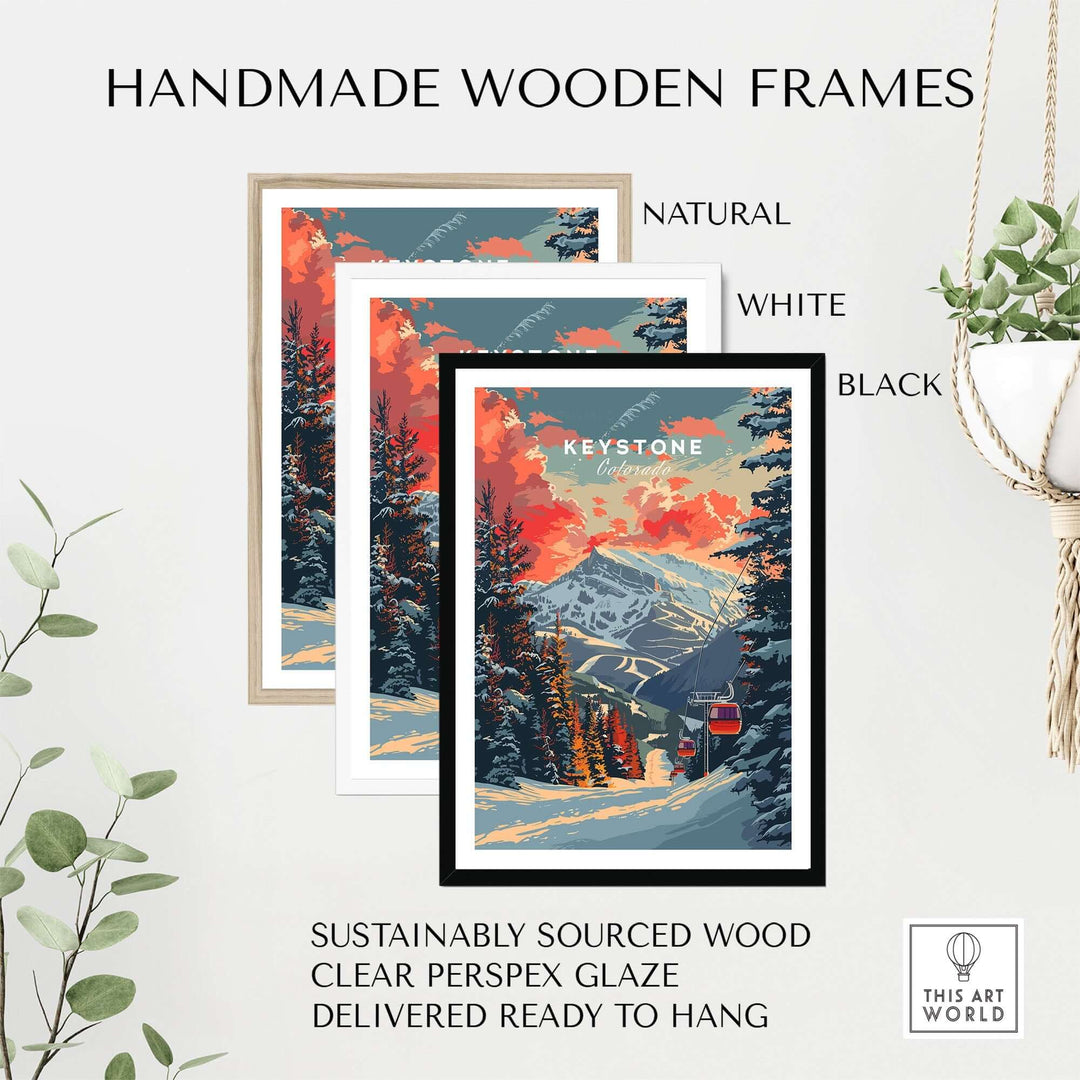 Handmade wooden frames in natural, white, and black, featuring Keystone Colorado artwork, sustainably sourced and ready to hang.