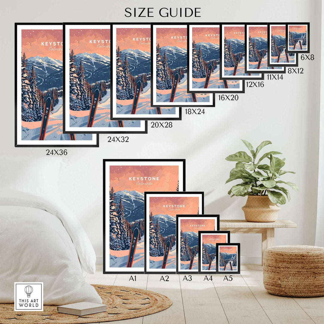 Keystone Ski Poster Size Guide with Different Dimensions Displayed in a Cozy Room Setting